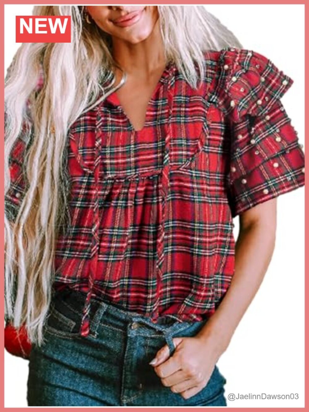 Plaid Pearl Ruffle Sleeve Crew Neck Loose Fit T-Shirt Casual Top